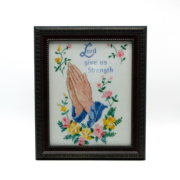 Finished Cross Stitch Framed Christian Art Lord Give Us Strength  10 3/8"x12.25" - Picture 1 of 2